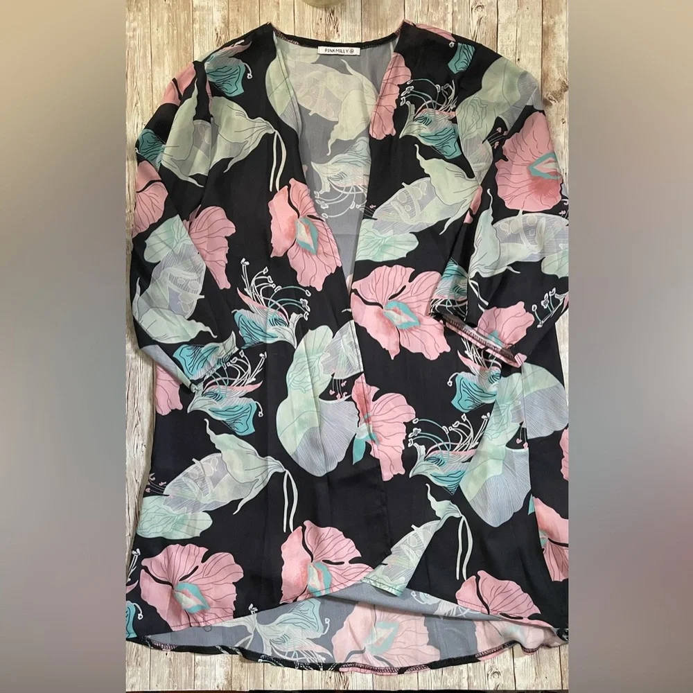 Women's 3/4 Sleeve Floral Kimono Cardigan Sheer Loose Fit Shawl Chiffon Cover-Up - Picture 4 of 12